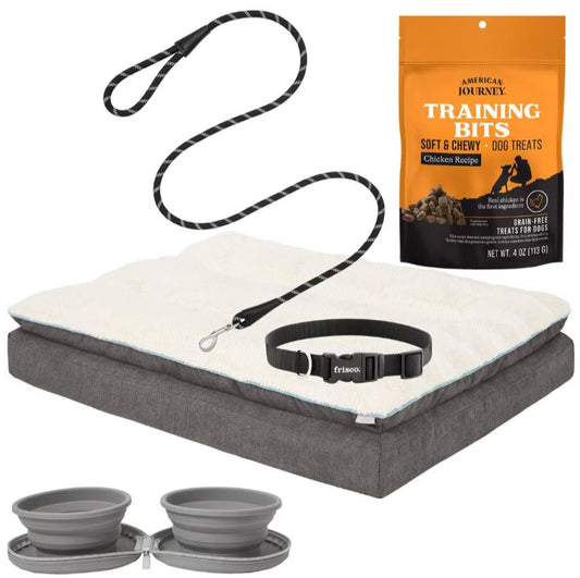 Bundle: Starter Kit - Frisco Plush Orthopedic Pillowtop Dog Bed w/Removable Cover, Gray, + Other Items