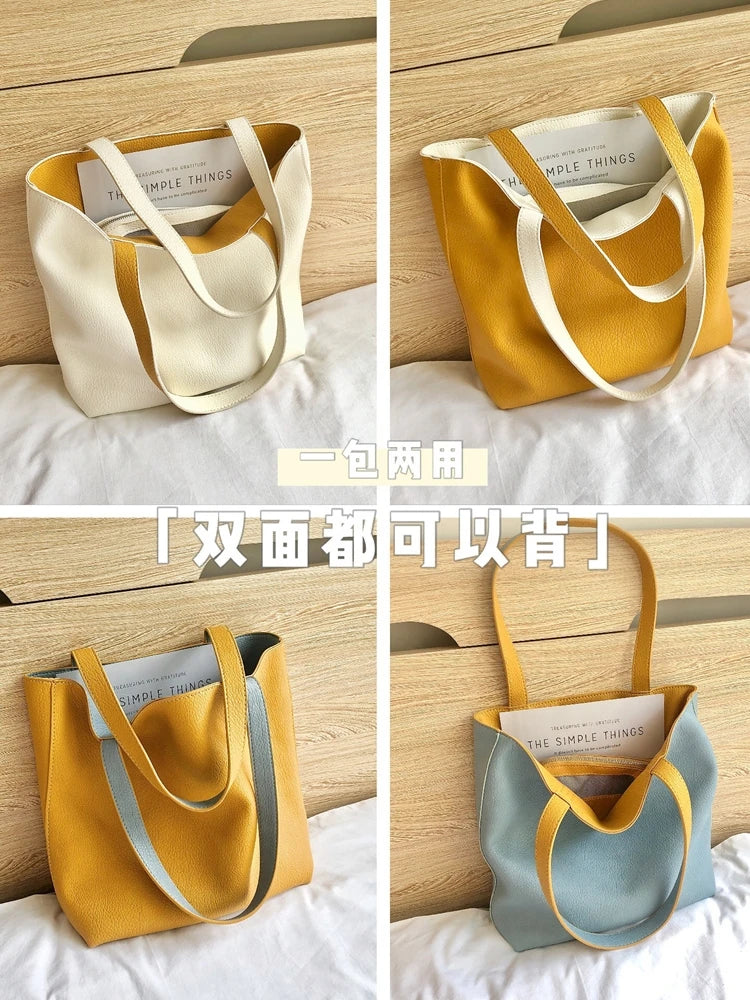 PU Leather Ladies Novelty Design Shoulder Bag for Women Double Side Color Student Book Shopping Bag Large Capacity Tote Handbag