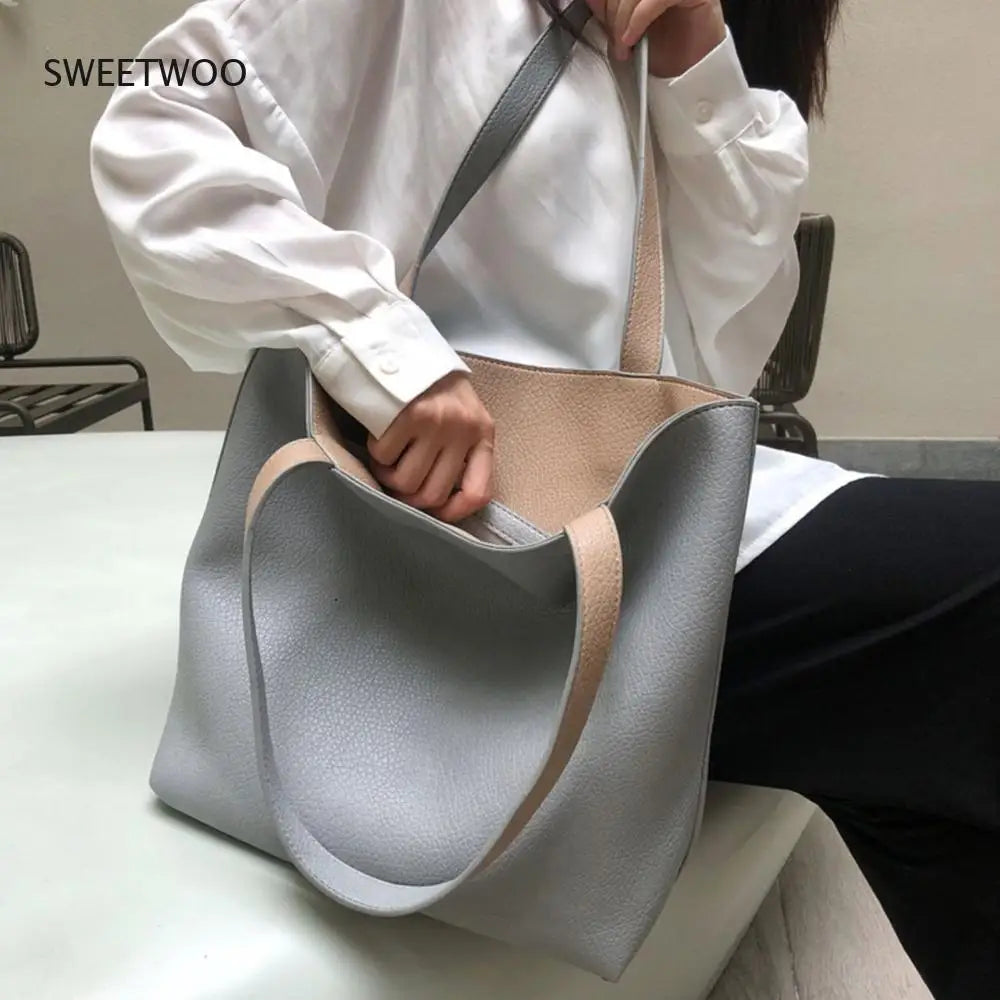 PU Leather Ladies Novelty Design Shoulder Bag for Women Double Side Color Student Book Shopping Bag Large Capacity Tote Handbag