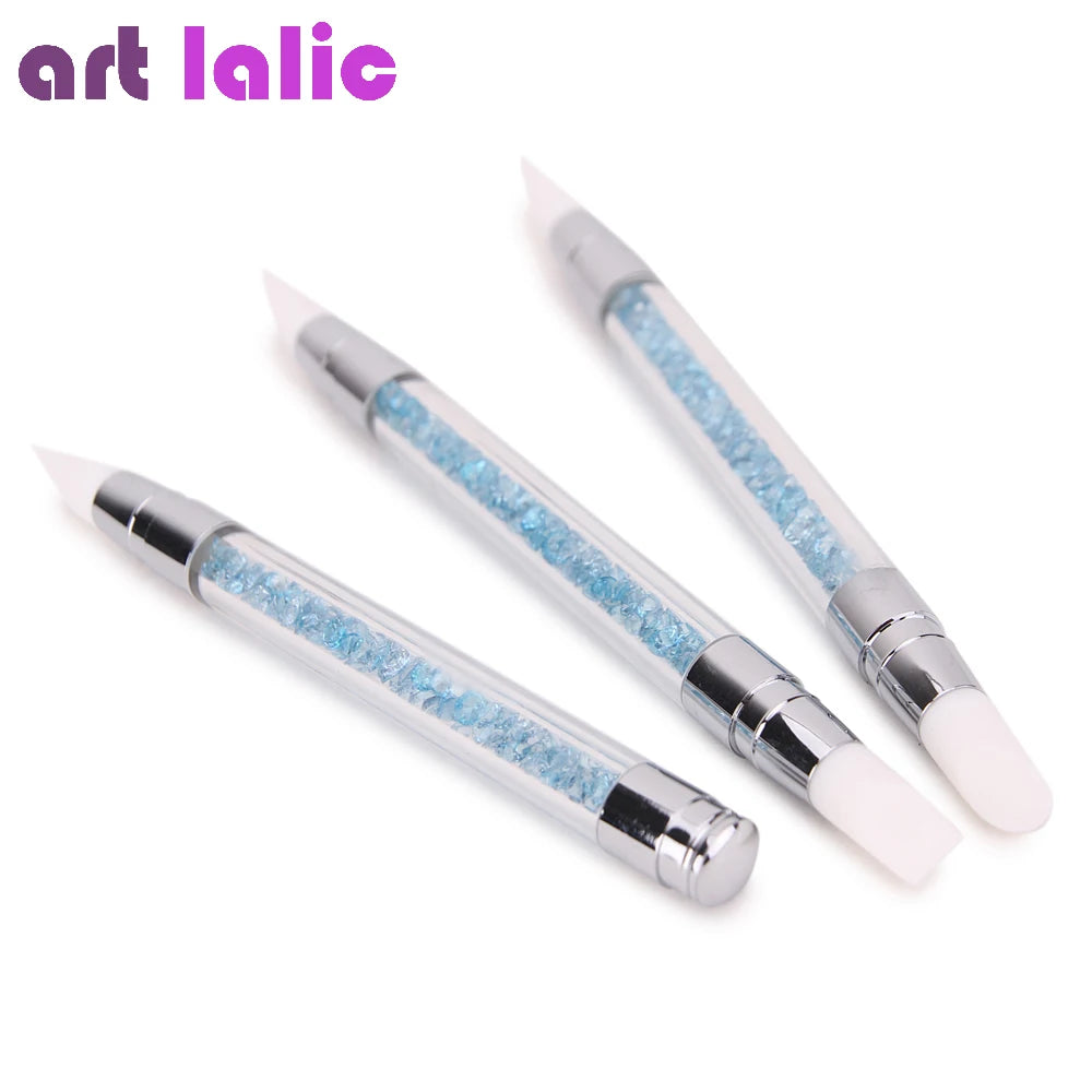 3 Pcs Two-Ways Nail Art Pen Set Blue Rhinestones Design Silicone Nail Brushes Manicure Tools for Carving