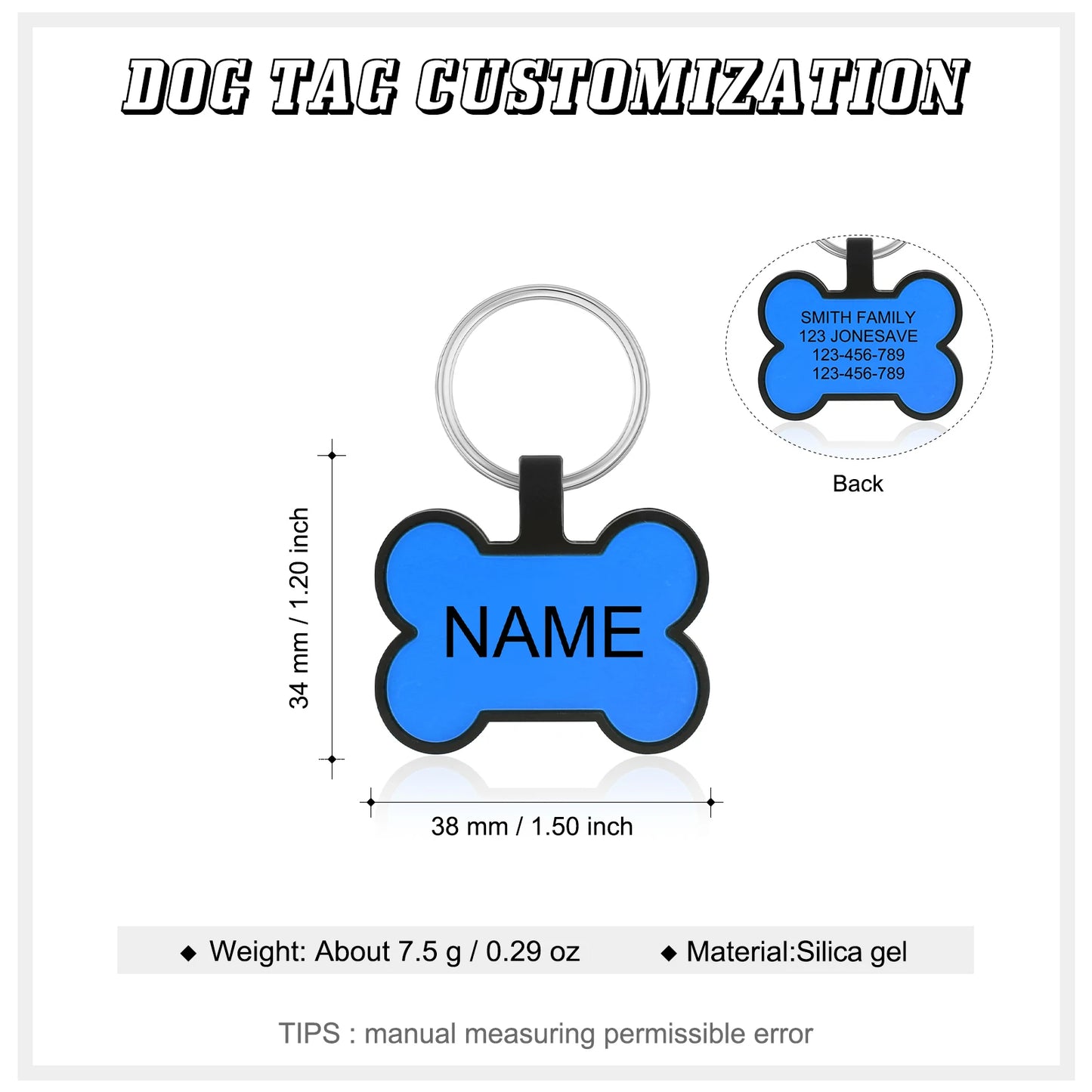 Personalized Pets ID Tag Silicone Double Side Custom Name&Number Bone Shape Pendant Anti-lost Pets Keychain Accessories