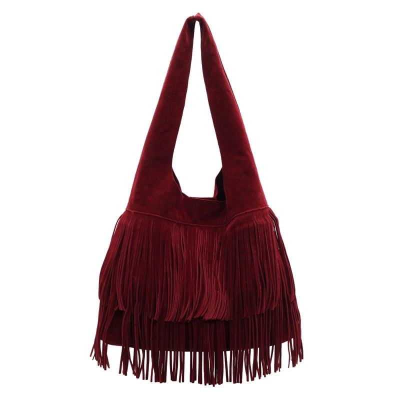 Faux Suede Shoulder Bag for Women Frosted Fringe Travel Tote Handbag Satchel Purse Clutch Retro Handbags Vintage Commuter Bag