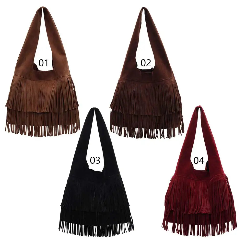 Faux Suede Shoulder Bag for Women Frosted Fringe Travel Tote Handbag Satchel Purse Clutch Retro Handbags Vintage Commuter Bag