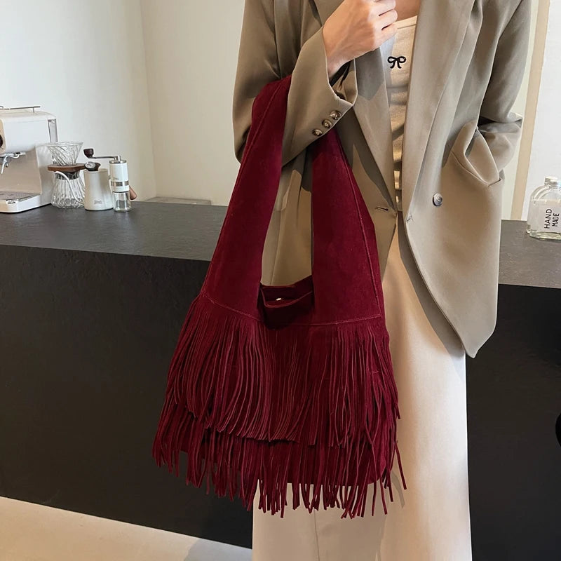 Faux Suede Shoulder Bag for Women Frosted Fringe Travel Tote Handbag Satchel Purse Clutch Retro Handbags Vintage Commuter Bag