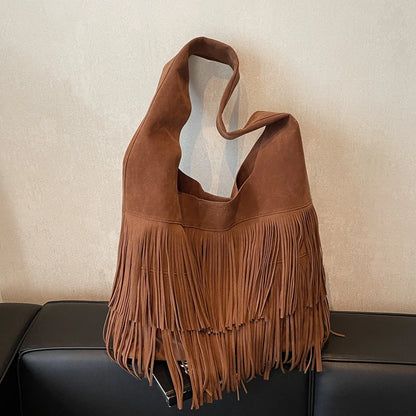 Faux Suede Shoulder Bag for Women Frosted Fringe Travel Tote Handbag Satchel Purse Clutch Retro Handbags Vintage Commuter Bag