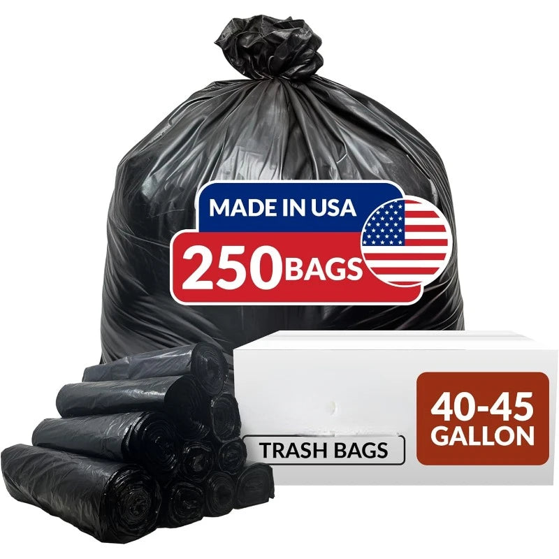 40-45 Gallon Trash Bags Heavy Duty,  250 Bags,  Large Black Garbage Bags,  39, 40, 42, 45 Gallon,  Made in USA