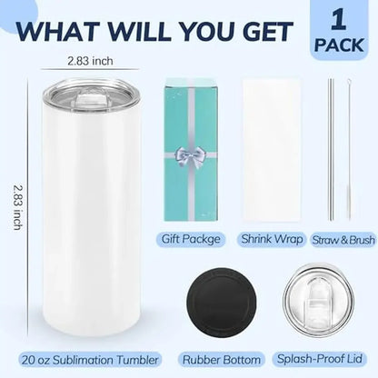 20oz Sublimation Tumbler Bulk Pack 12 Pack White Skinny Cups with Gift Box Straw Brush Heat Transfer Design Straight Flat Bottom