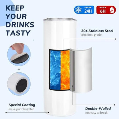 20oz Sublimation Tumbler Bulk Pack 12 Pack White Skinny Cups with Gift Box Straw Brush Heat Transfer Design Straight Flat Bottom