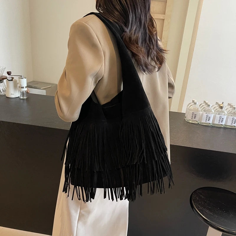 Faux Suede Shoulder Bag for Women Frosted Fringe Travel Tote Handbag Satchel Purse Clutch Retro Handbags Vintage Commuter Bag