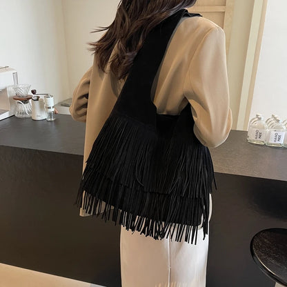 Faux Suede Shoulder Bag for Women Frosted Fringe Travel Tote Handbag Satchel Purse Clutch Retro Handbags Vintage Commuter Bag