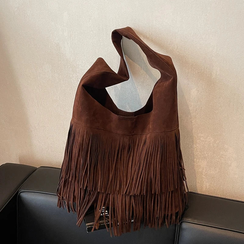 Faux Suede Shoulder Bag for Women Frosted Fringe Travel Tote Handbag Satchel Purse Clutch Retro Handbags Vintage Commuter Bag