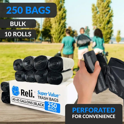 40-45 Gallon Trash Bags Heavy Duty,  250 Bags,  Large Black Garbage Bags,  39, 40, 42, 45 Gallon,  Made in USA