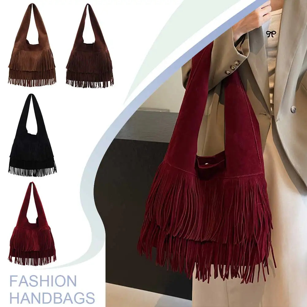 Faux Suede Shoulder Bag for Women Frosted Fringe Travel Tote Handbag Satchel Purse Clutch Retro Handbags Vintage Commuter Bag