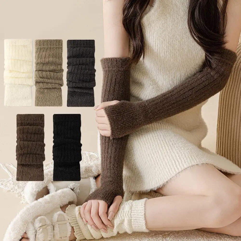 Mink Fleece Winter Women Knitted Arm Warmer Y2K Long Fingerless Gloves Gothic Harajuku Knit Mitten Arm Sleeves Cosplay Cuffs