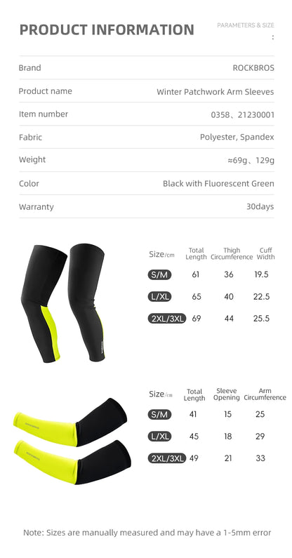 ROCKBROS Autumn Winter Cycling Arm Sleeves Leg Warmers High Elastic Quick Dry Warm Fleece Sleeves Leg Covers Cycling Equipment