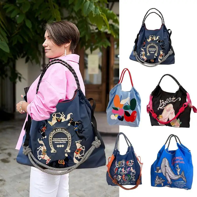 Women's Shoulder Bag Embroidered Ladies Casual Handbag Tote Reusable Shopping Bag