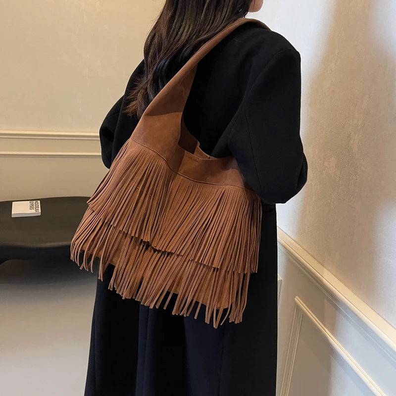 Faux Suede Shoulder Bag for Women Frosted Fringe Travel Tote Handbag Satchel Purse Clutch Retro Handbags Vintage Commuter Bag