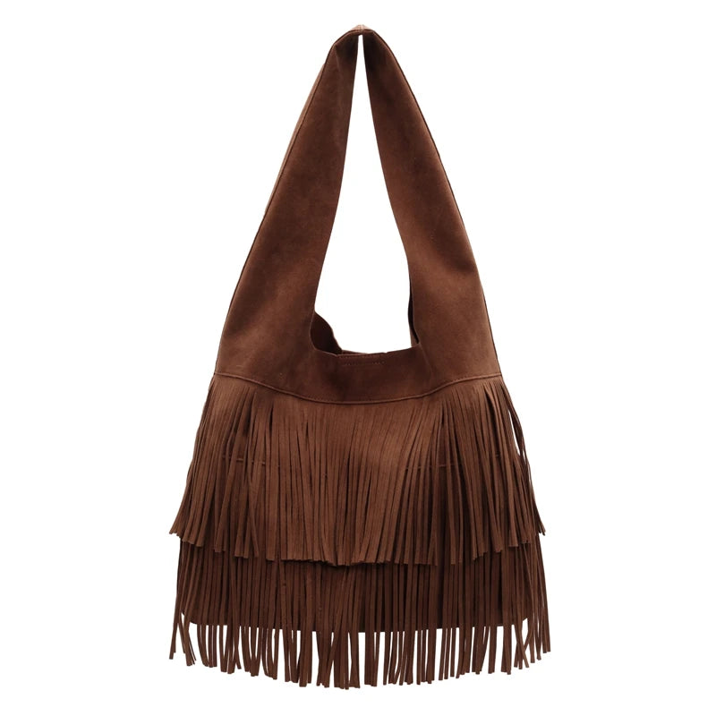 Faux Suede Shoulder Bag for Women Frosted Fringe Travel Tote Handbag Satchel Purse Clutch Retro Handbags Vintage Commuter Bag