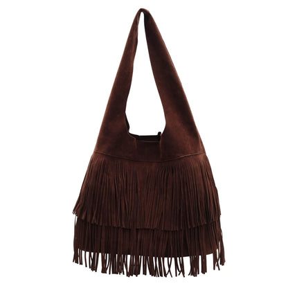 Faux Suede Shoulder Bag for Women Frosted Fringe Travel Tote Handbag Satchel Purse Clutch Retro Handbags Vintage Commuter Bag