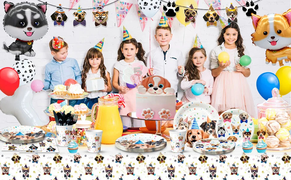 Puppy Dog Birthday Party Supplies,148pcs Decorations&Dog Birthday Party Tableware Set-Banner,Puppy Balloons Party Plates etc