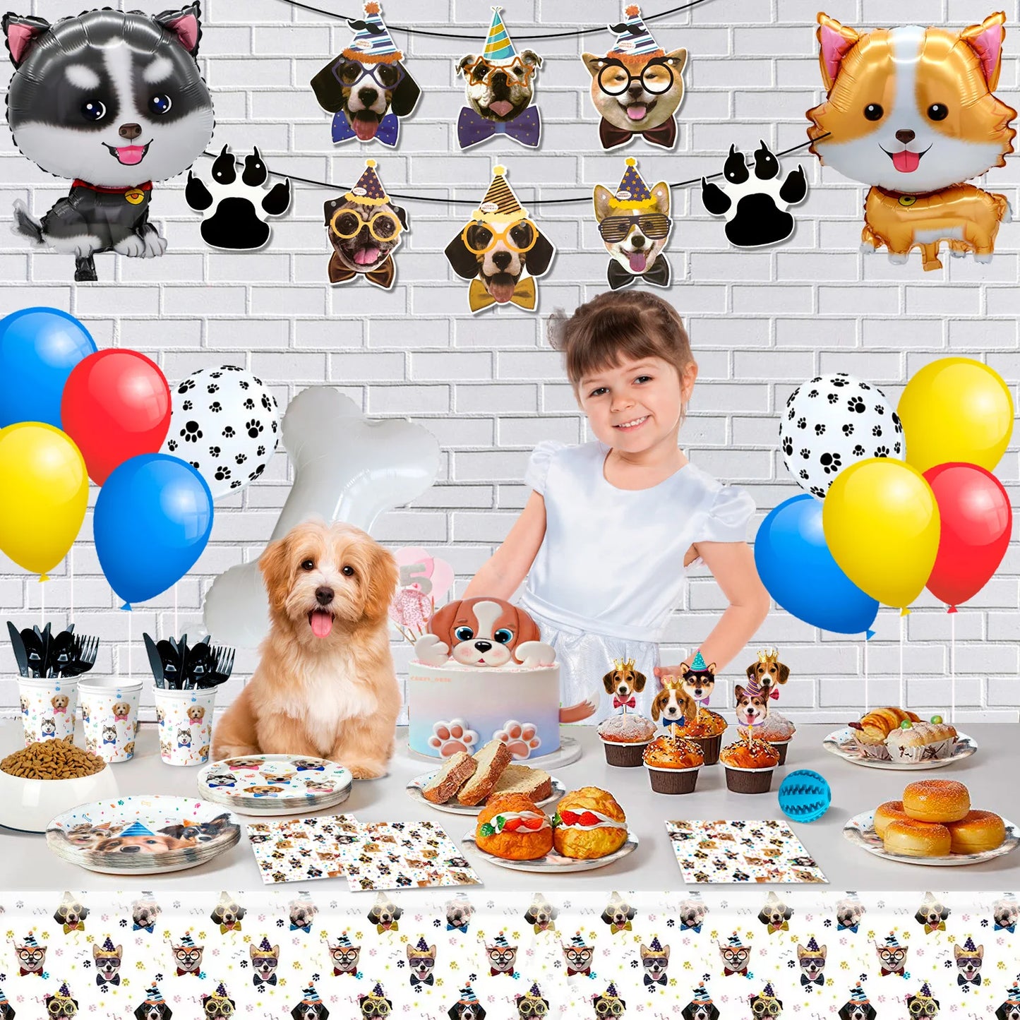 Puppy Dog Birthday Party Supplies,148pcs Decorations&Dog Birthday Party Tableware Set-Banner,Puppy Balloons Party Plates etc