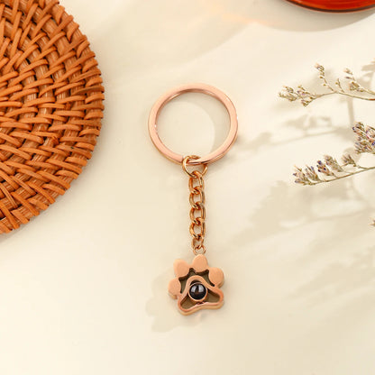 Customizable Photo Projection Keychain Dog Paw Pendant Key Ring With Pet's Picture Inside Stainless Steel Memorial Jewelry