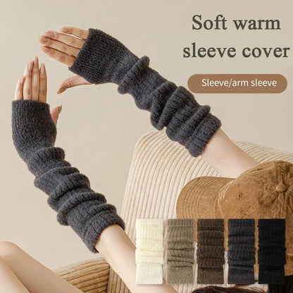 Mink Fleece Winter Women Knitted Arm Warmer Y2K Long Fingerless Gloves Gothic Harajuku Knit Mitten Arm Sleeves Cosplay Cuffs