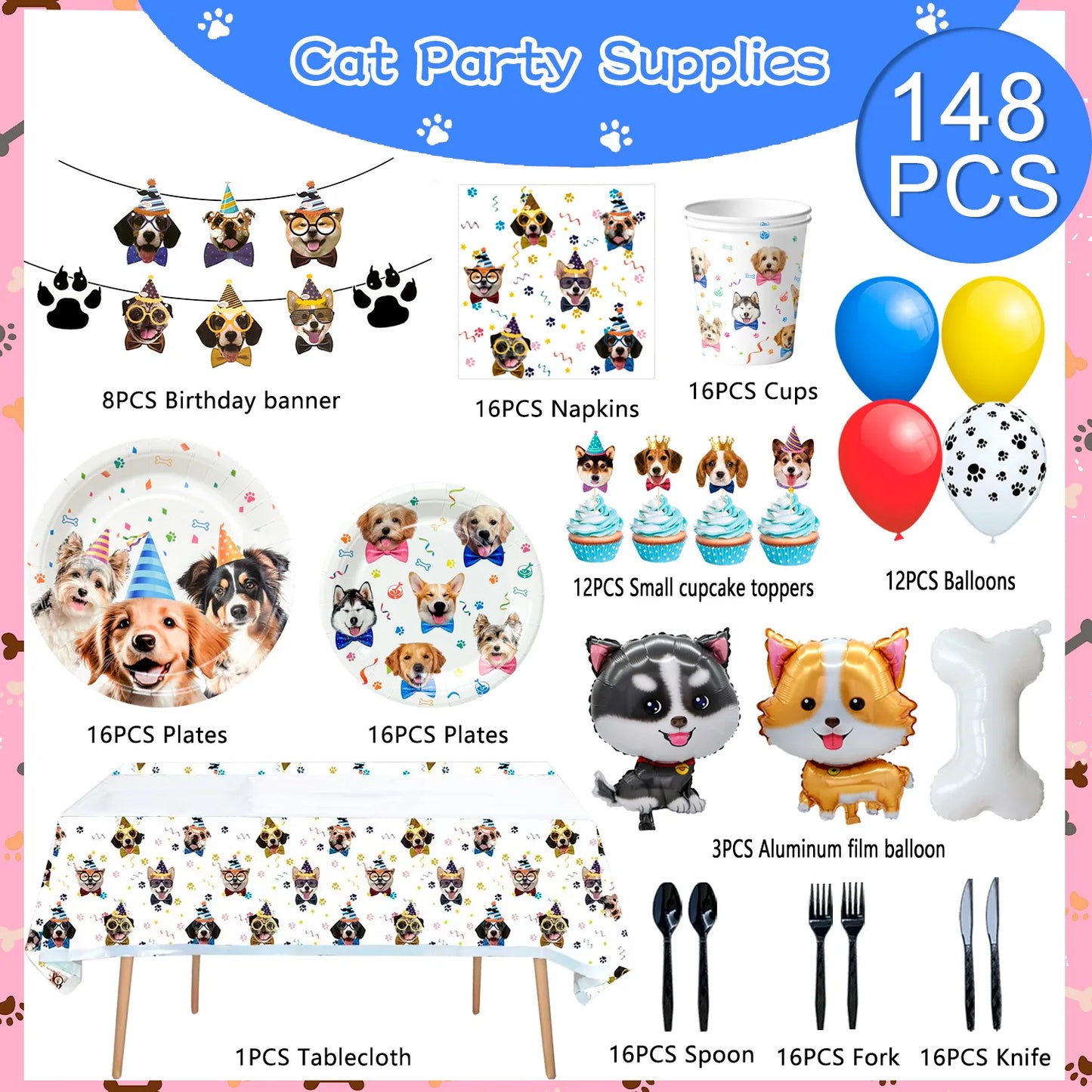 Puppy Dog Birthday Party Supplies,148pcs Decorations&Dog Birthday Party Tableware Set-Banner,Puppy Balloons Party Plates etc