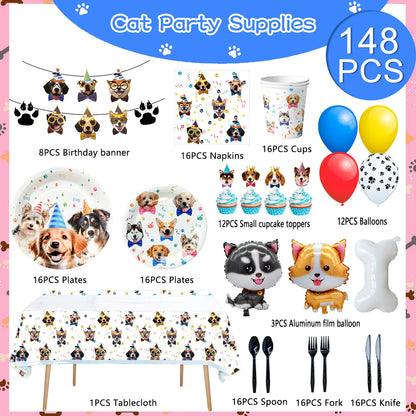 Puppy Dog Birthday Party Supplies,148pcs Decorations&Dog Birthday Party Tableware Set-Banner,Puppy Balloons Party Plates etc