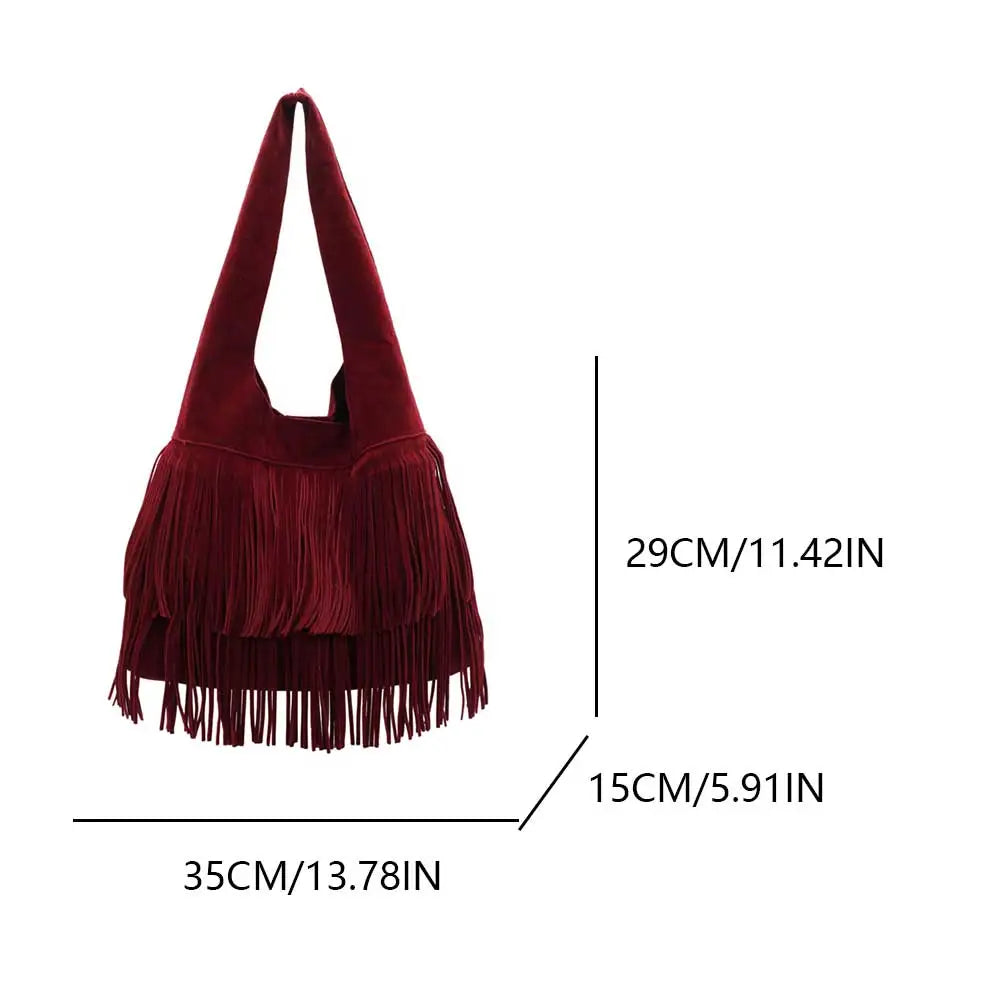 Faux Suede Shoulder Bag for Women Frosted Fringe Travel Tote Handbag Satchel Purse Clutch Retro Handbags Vintage Commuter Bag