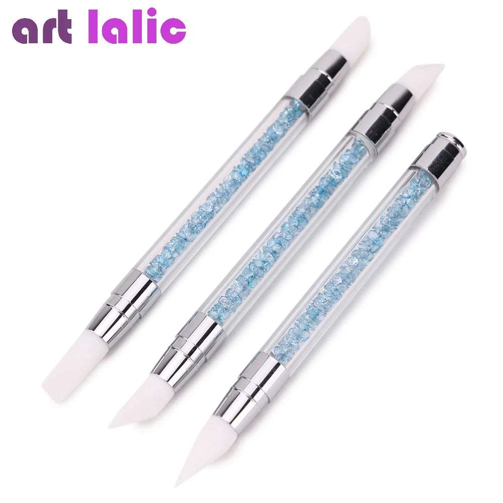 3 Pcs Two-Ways Nail Art Pen Set Blue Rhinestones Design Silicone Nail Brushes Manicure Tools for Carving