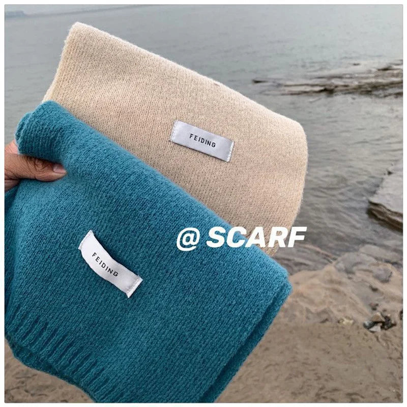 Winter Knitting Wool Scarf Men Women Fastener Thermal Neck Warmer Solid Fleece Keep Warm Scarf Thickening Windproof Neck Cover