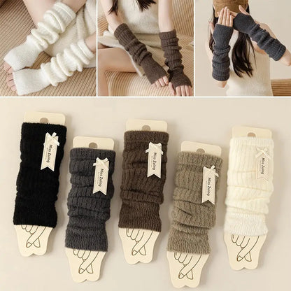 Mink Fleece Winter Women Knitted Arm Warmer Y2K Long Fingerless Gloves Gothic Harajuku Knit Mitten Arm Sleeves Cosplay Cuffs