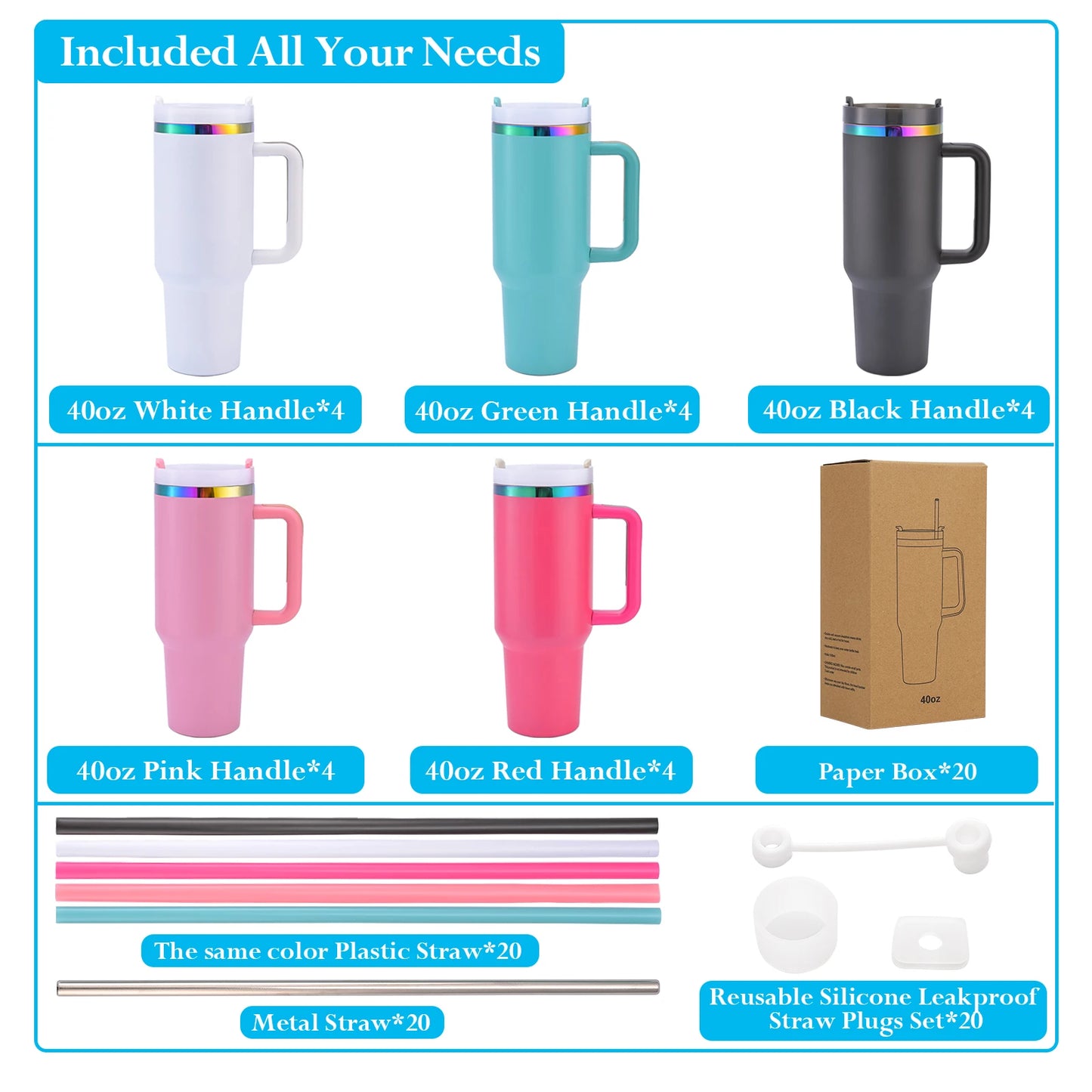 4Pcs /20 Pcs 40OZ tumbler with Handle,40OZ powder coated tumbler, rainbow Vacuum Water bottle,travel cup,for home,engraving