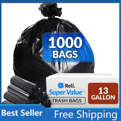 Reli. SuperValue 13 Gallon Trash Bags  1000 Count Bulk  Tall Kitchen  Can Liners  Black Multi-Use Garbage Bags