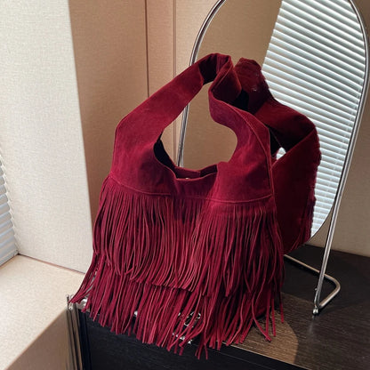 Faux Suede Shoulder Bag for Women Frosted Fringe Travel Tote Handbag Satchel Purse Clutch Retro Handbags Vintage Commuter Bag