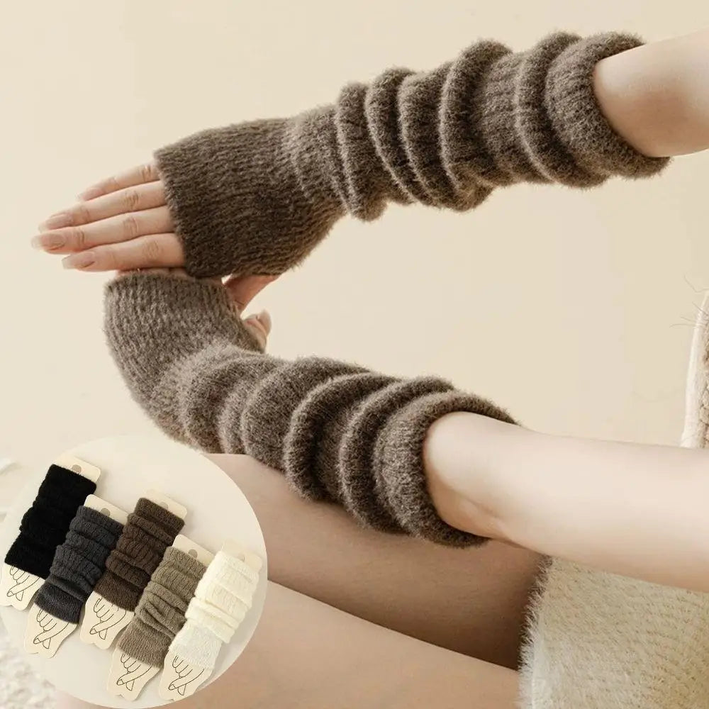 Mink Fleece Winter Women Knitted Arm Warmer Y2K Long Fingerless Gloves Gothic Harajuku Knit Mitten Arm Sleeves Cosplay Cuffs