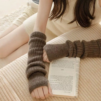 Mink Fleece Winter Women Knitted Arm Warmer Y2K Long Fingerless Gloves Gothic Harajuku Knit Mitten Arm Sleeves Cosplay Cuffs