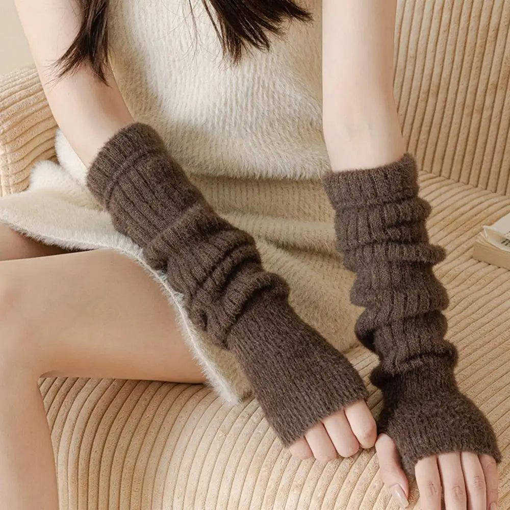 Mink Fleece Winter Women Knitted Arm Warmer Y2K Long Fingerless Gloves Gothic Harajuku Knit Mitten Arm Sleeves Cosplay Cuffs