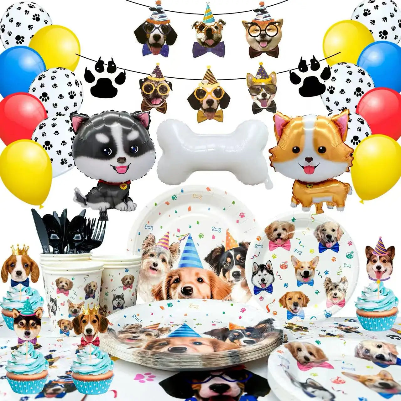 Puppy Dog Birthday Party Supplies,148pcs Decorations&Dog Birthday Party Tableware Set-Banner,Puppy Balloons Party Plates etc