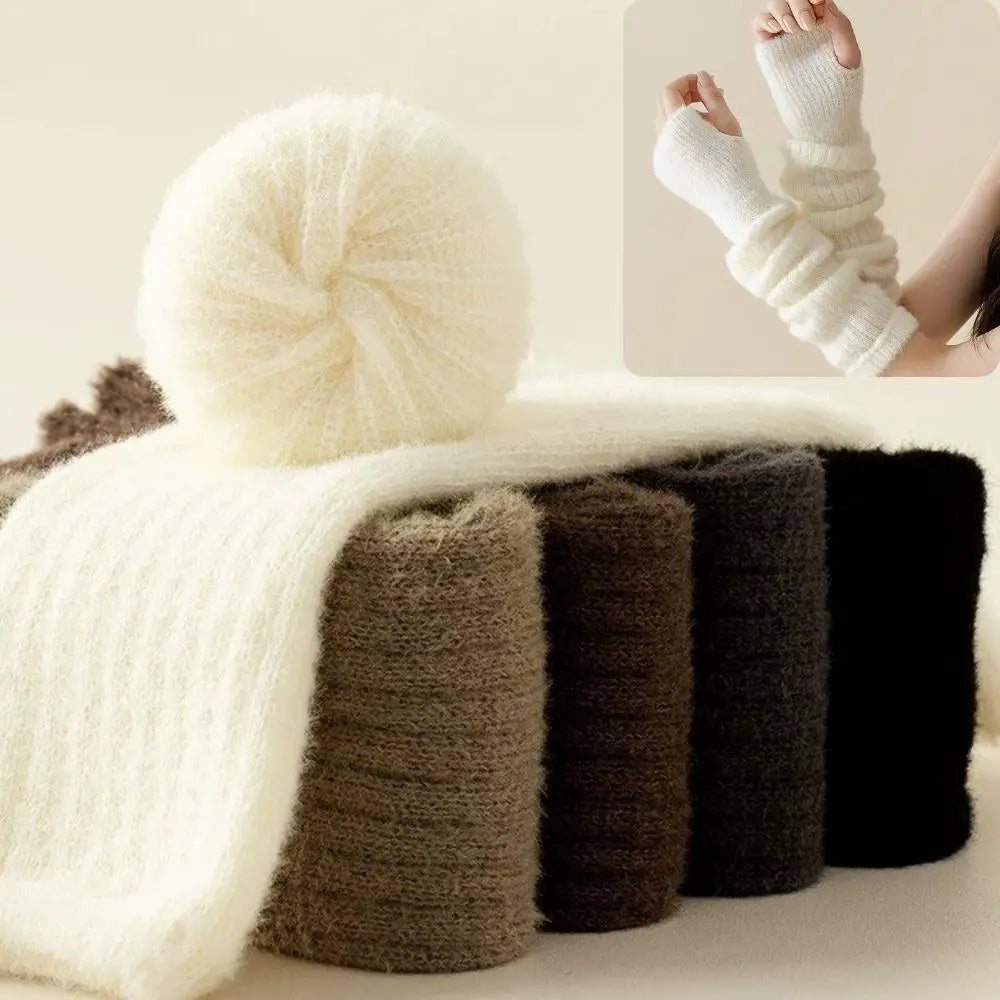 Mink Fleece Winter Women Knitted Arm Warmer Y2K Long Fingerless Gloves Gothic Harajuku Knit Mitten Arm Sleeves Cosplay Cuffs