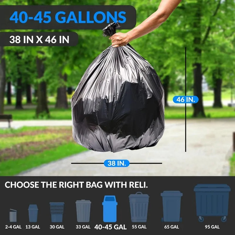 40-45 Gallon Trash Bags Heavy Duty,  250 Bags,  Large Black Garbage Bags,  39, 40, 42, 45 Gallon,  Made in USA